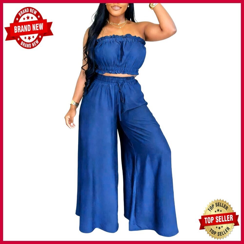 Wide Leg Palazzo Pants Set with Ruffle Crop Top, Polyester, XXL
